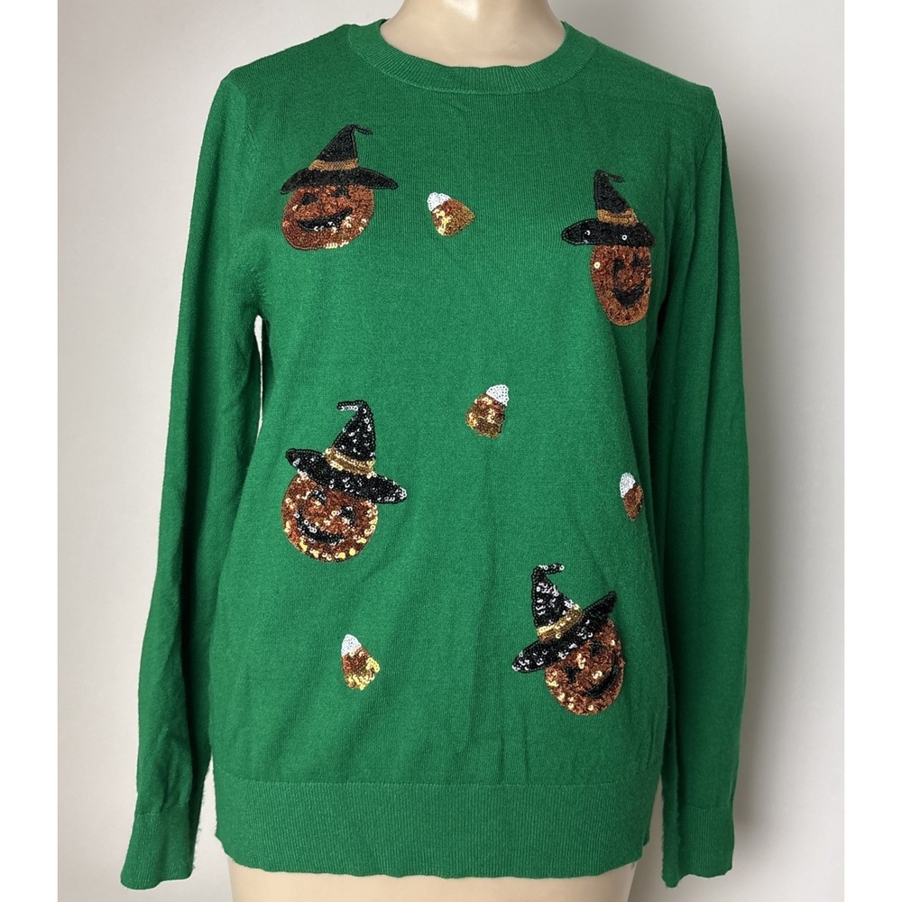 Victoria Harbour M Halloween Pumpkin Candy Corn Sequin Halloween Sweater green